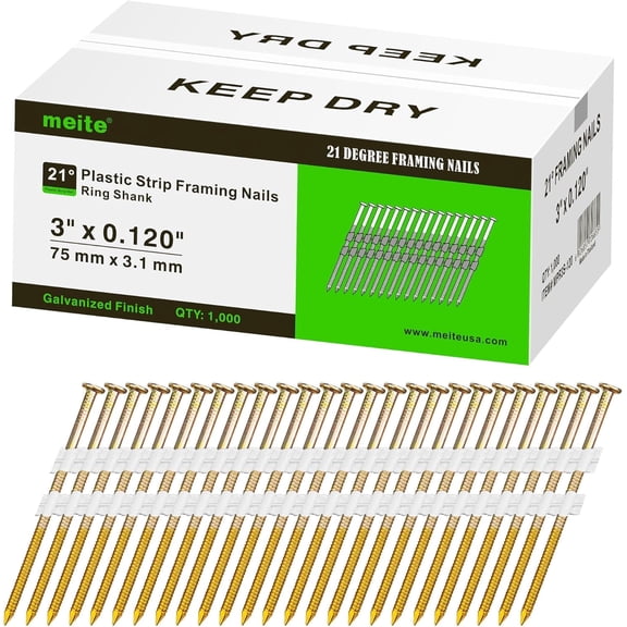 MEITE Collated Framing Nails 21 Degree Ring Shank Galvanized 1000 Pieces 3-Inch x 0.120-Inch
