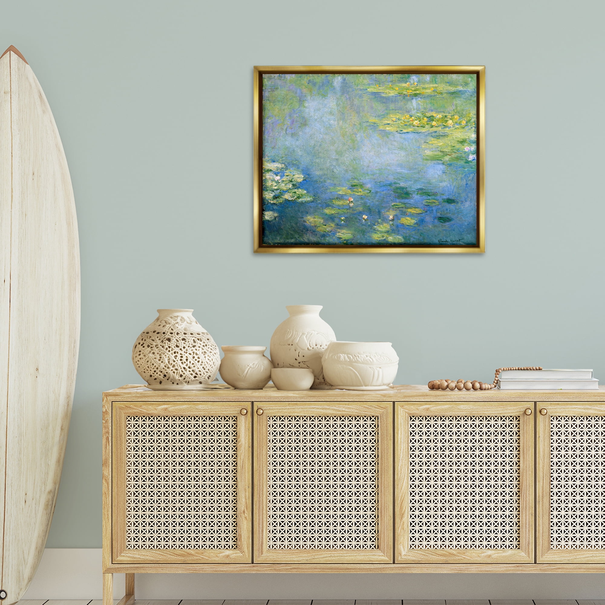 Stupell Industries Classical Monet Green Water Lilies Landscape & Nature Painting Gold Floater Framed Canvas Art Print Wall Art, 31 x 25