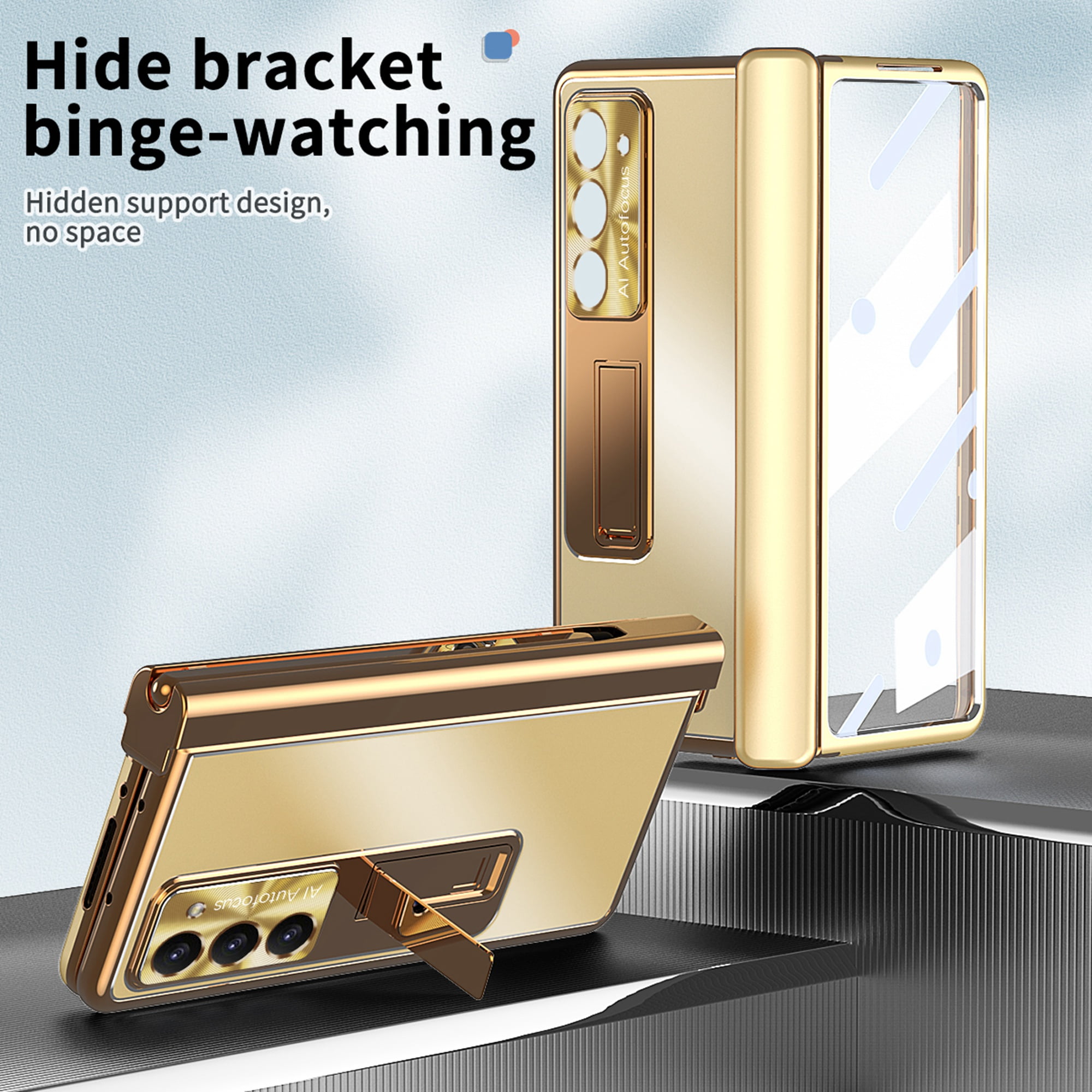 Case for Samsung Galaxy Z Fold 7, 3-in-1 Magnetic Hinge Protection & Lens Protection Case with Pen Holder with Screen Protector, Compatible with Samsung Galaxy Z Fold 7 5G, Gold + Dark Gold