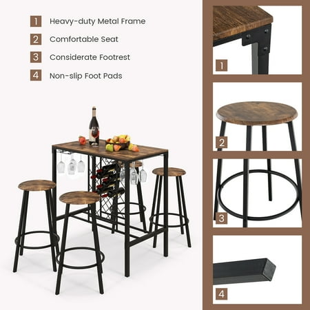 Costway 5PCS Bar Table & Stools Set Industrial Bistro Set with Wine Rack & Glass Holder - Rustic Brown/Black