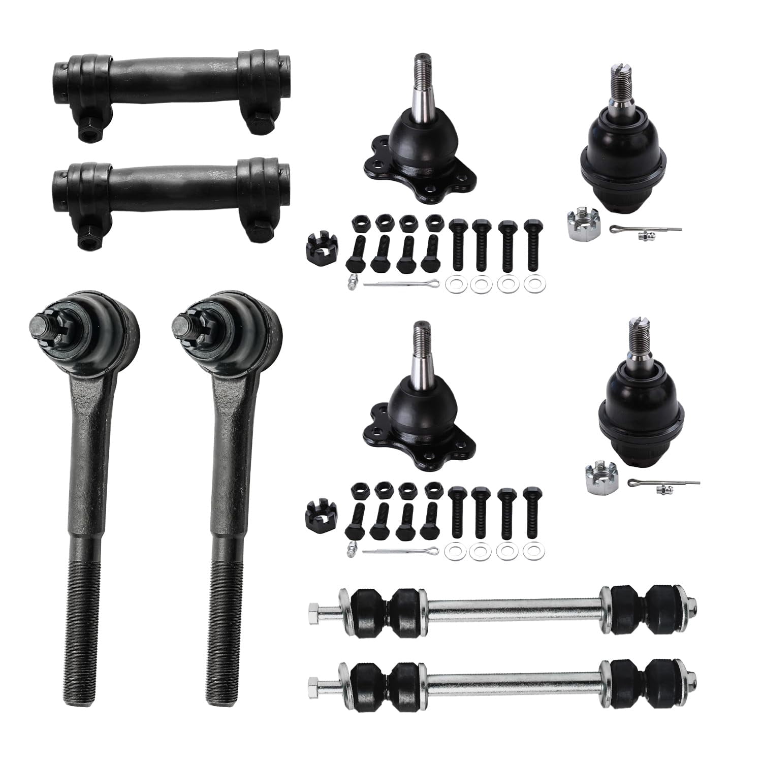 Detroit Axle - 4WD Front End 14pc Suspension Kit for Chevrolet Tahoe GMC Yukon K1500 Suburban K2500, 4 Ball Joints 2 Sway Bars 4 Tie Rods 2 Adjustment Sleeves 1 Pitman 1 Idler Arm