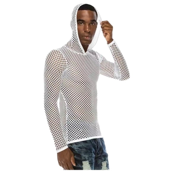 Aobny Hoodie Men White See Through Lightweight Pullover Sheer Hooded Pullover Beach Shirts for Men,L