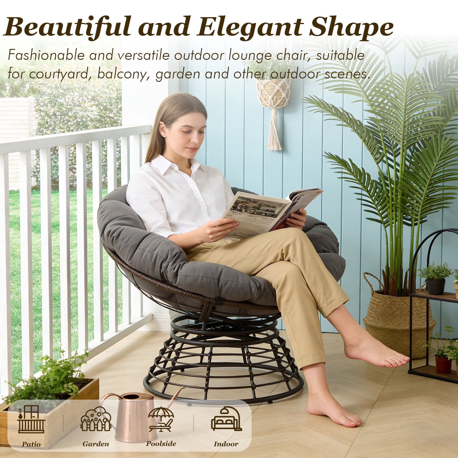 MOONMISS 360° Swivel Wicker Papasan Chair with Soft Thick Cushion for Living Room,Gray