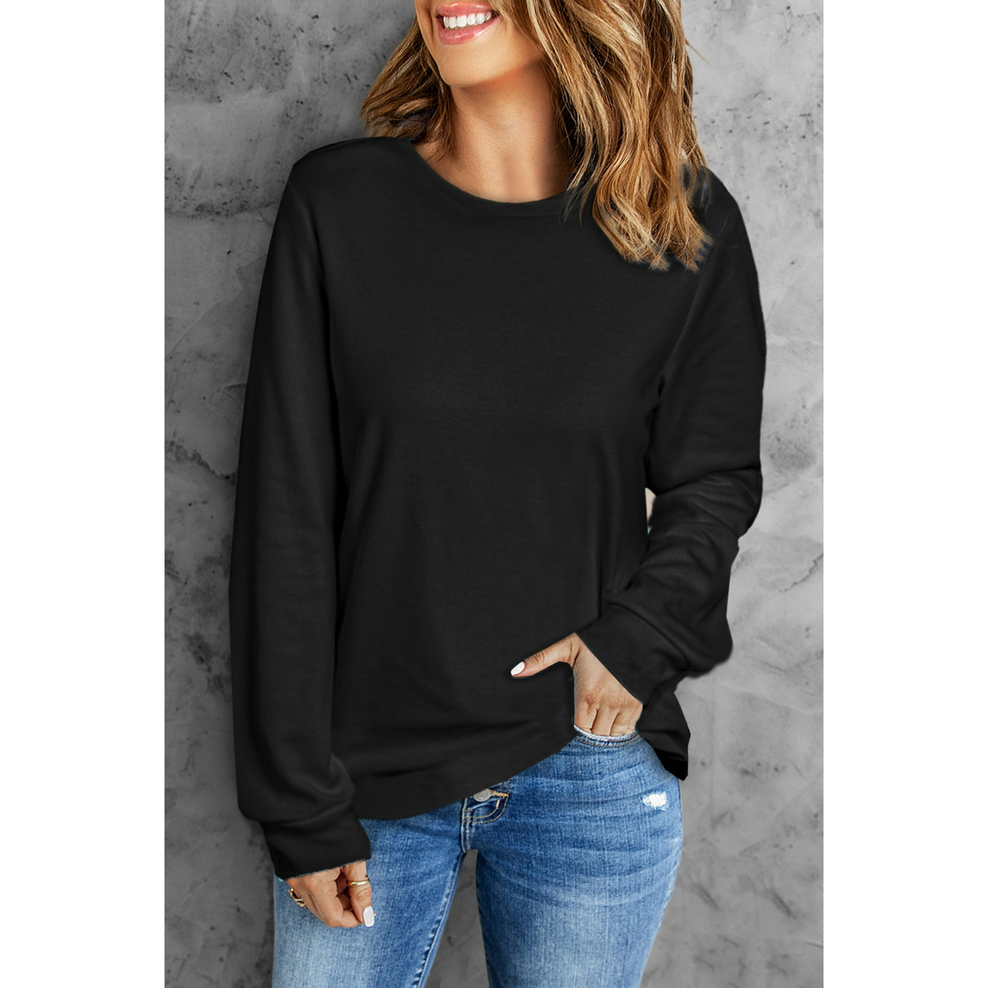 Women s Black Plain Crew Neck Long Sleeve Top