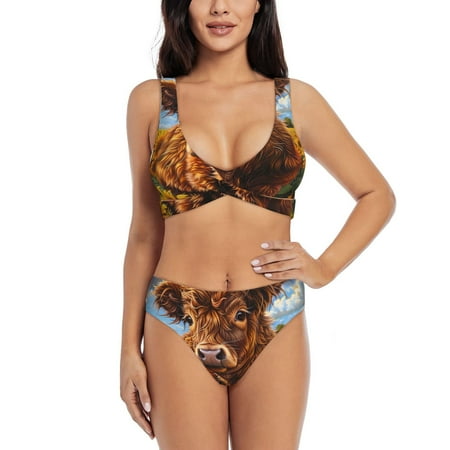 Zeuib Cloud Sky Sunflower Cow High Waisted Tummy Control Bikini Set - Knot Front Push Up Top & Cheeky Thong Bottom  Two-Piece Swimsuit for Women-X-Large