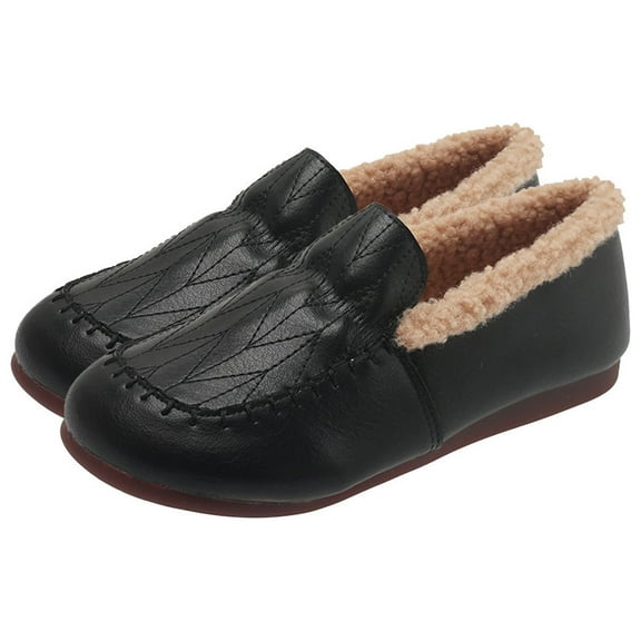 Lovskoo 2024 Moccasin Slippers Vintage Fleece Warm Leather Shoes Padded Granny Shoes Soft Flat Bottom Lazy Mom Shoes Winter Flat Penny Leather Shoes Black