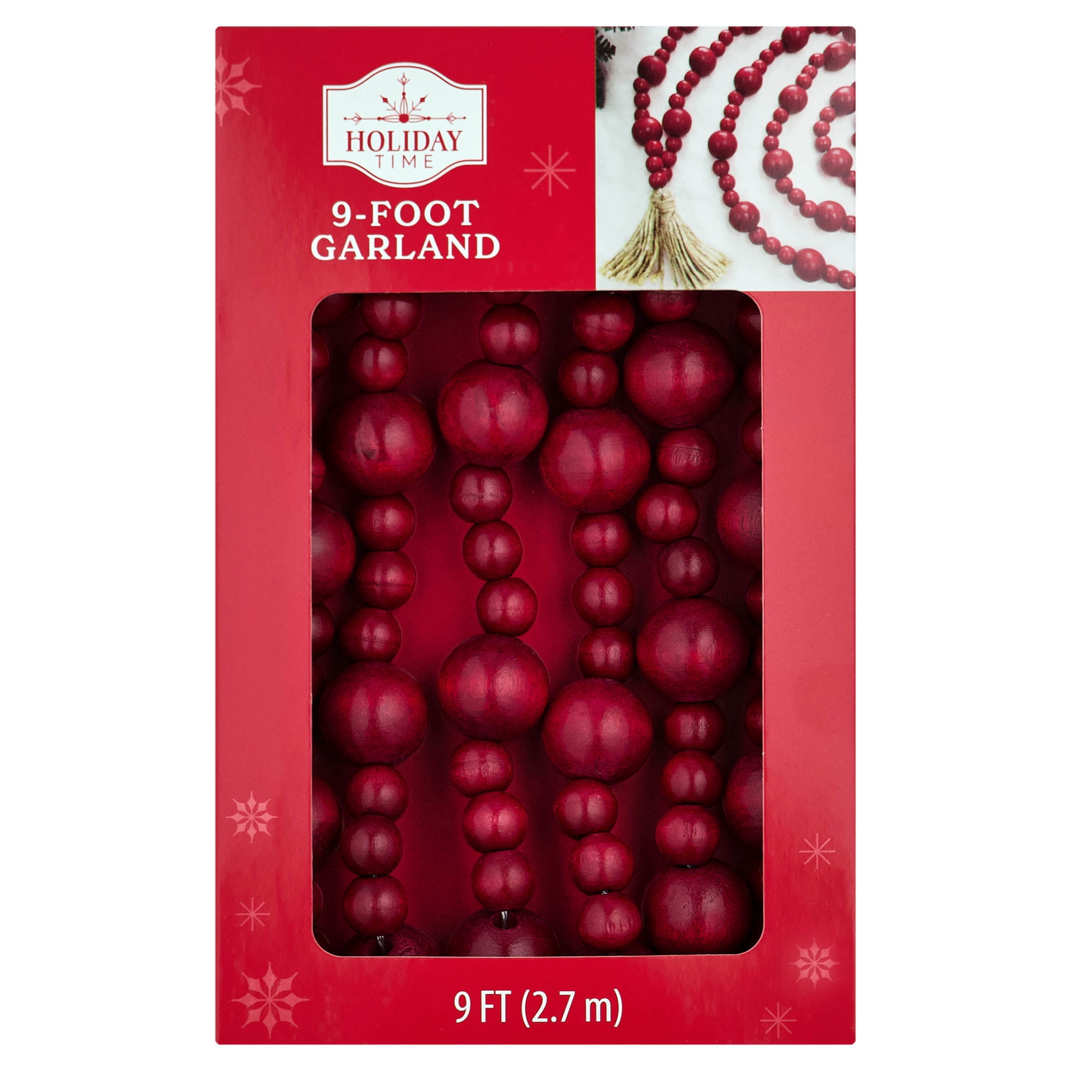 Wood Bead Christmas Garland, Red, 9', by Holiday Time