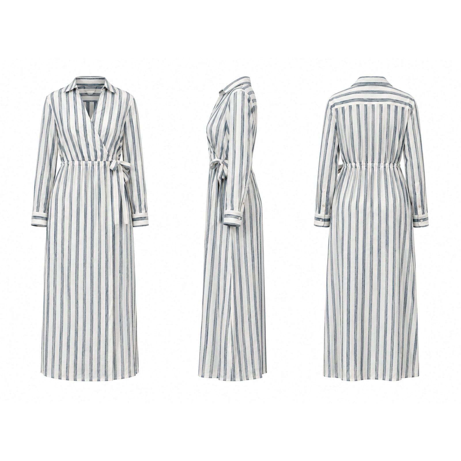 Alvantor Women's Striped Shirt Dress, Long Sleeve Collared Wrap Midi, Rayon Cotton Blend, White Blue Stripe