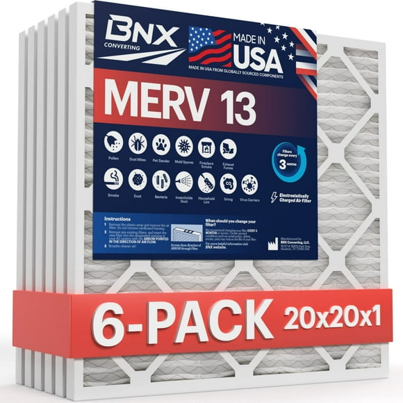 BNX 20x20x1 MERV 13 AC Furnace Air Filter 6 Pack - MADE IN USA - Electrostatic Pleated Air Conditioner HVAC AC Furnace Filters - Removes Pollen, Mold, Bacteria