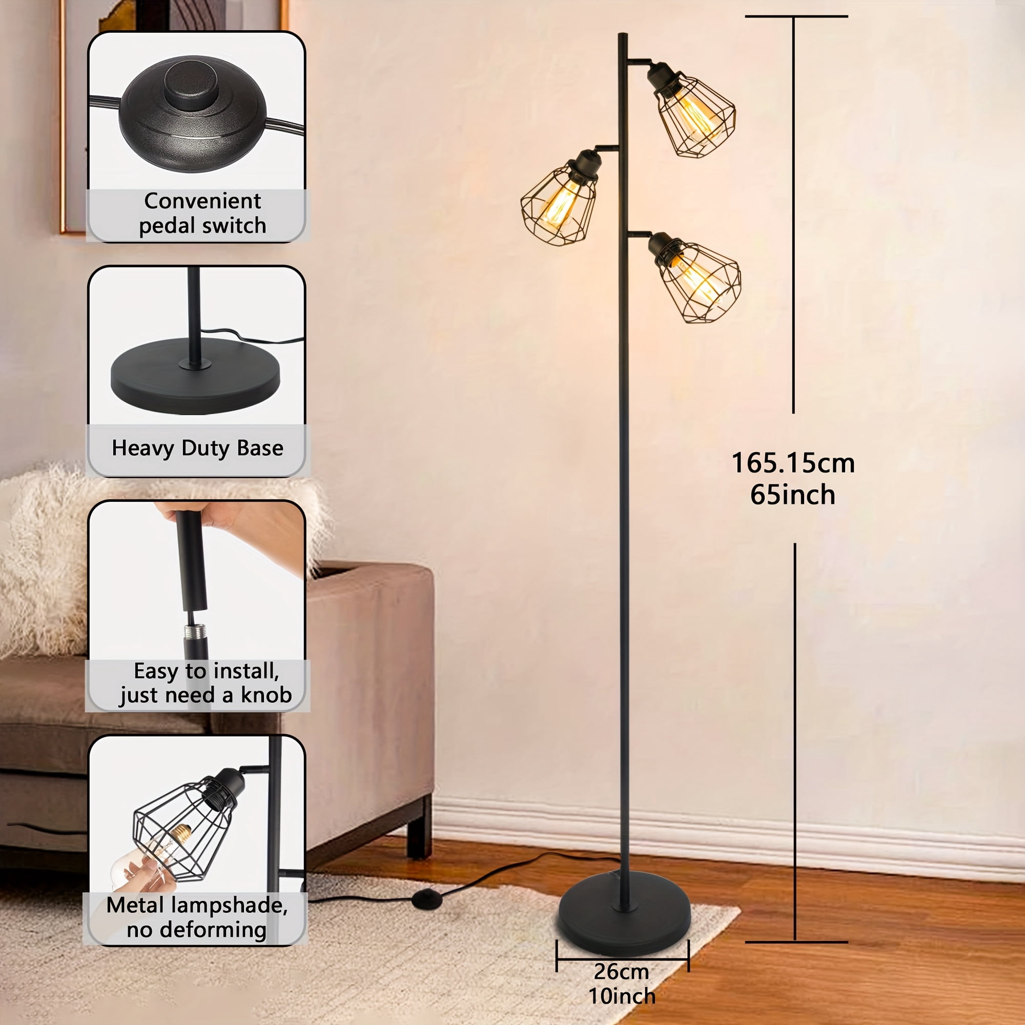 Tree Floor Lamp for Living Room with 3 Elegant Teardrop Heads And ST64 Edison Bulbs, Sturdy Base, Tall Vintage Pole Lamp for Cottage Rustic Bedroom Office