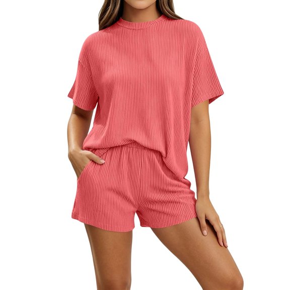 MXUIKV 2 Piece Sets for Women Summer Ribbed Loose Fitted Crew Neck T-Shirts Elastic Waist Shorts with Pockets(X-Large,Watermelon Red)