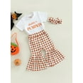 thumbnail image 3 of Bagilaanoe 3Pcs Toddler Baby Girls Long Pants Set Letters Print Short Sleeve T-shirt Tops + Plaid Flare Trousers + Headband 6M 12M 18M 24M 3T 4T Kids Casual Outfits, 3 of 8