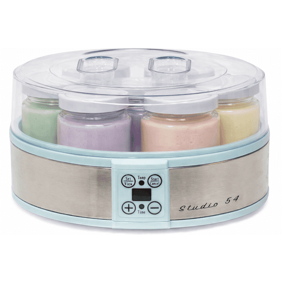 Studio 54 Yogurt Maker Machine with 7 Reusable Glass Jars (6oz Each), Probiotic Greek Yogurt Maker with Precise Time & Temperature Controls, Retro Blue Digital Yogurt Maker