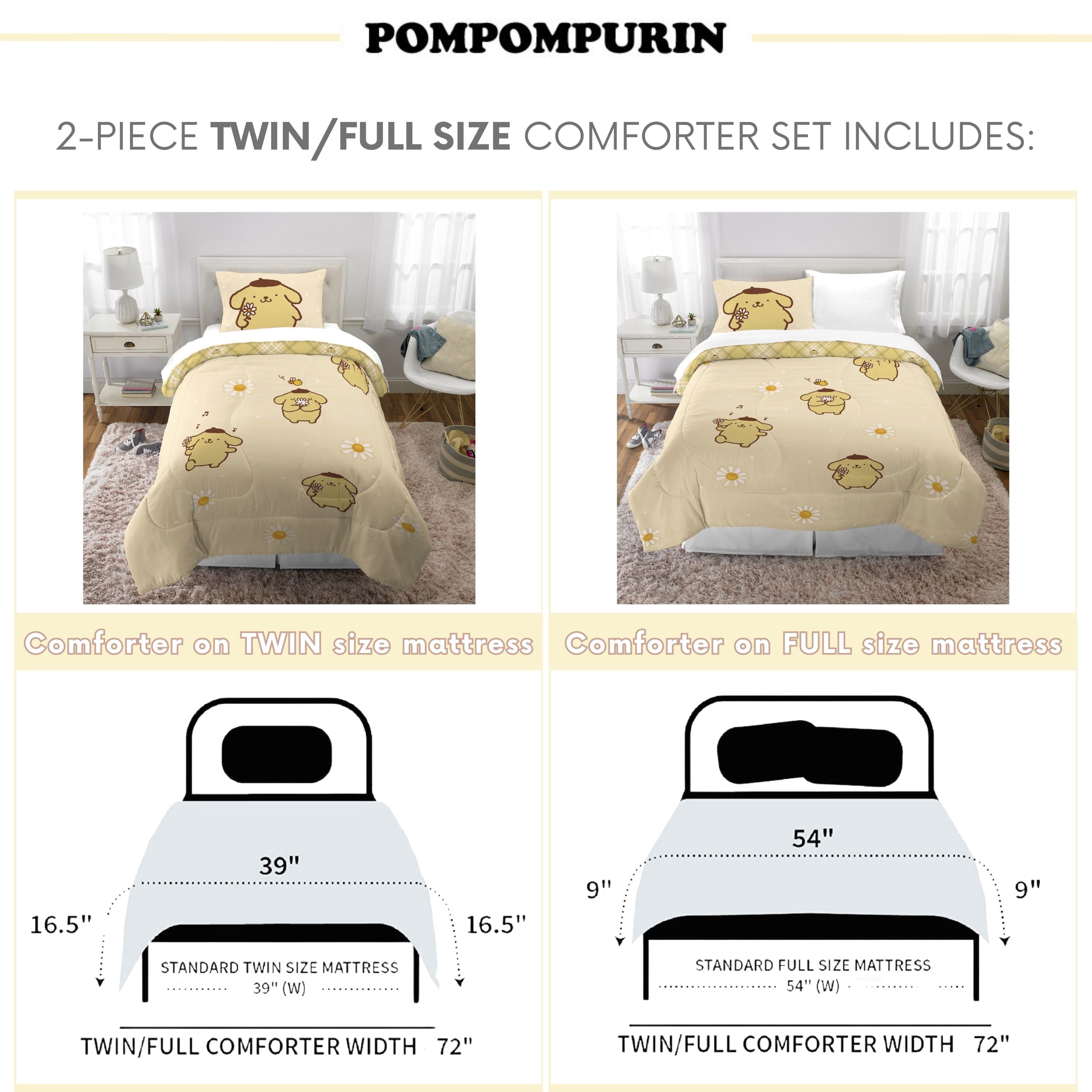 Pompompurin 2 Piece Yellow Reversible Comforter and Pillowcase set, Twin/full, Sanrio