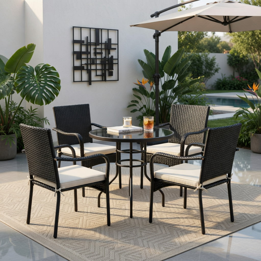 Hommoo 4-Piece Stackable Outdoor Rattan Dining Chairs with Removable Cushions, Weather-Resistant PE Wicker & Steel Frame for Patio, Garden, Poolside, Brown