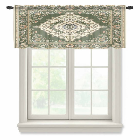 Green Boho Sheer Curtains Valances for Windows Chic Traditional Antique Geometric Rustic Chiffon Kitchen Valances for Cafe, Voile Window Treatments Curtains for Living Room Bedroom, 42"x12"
