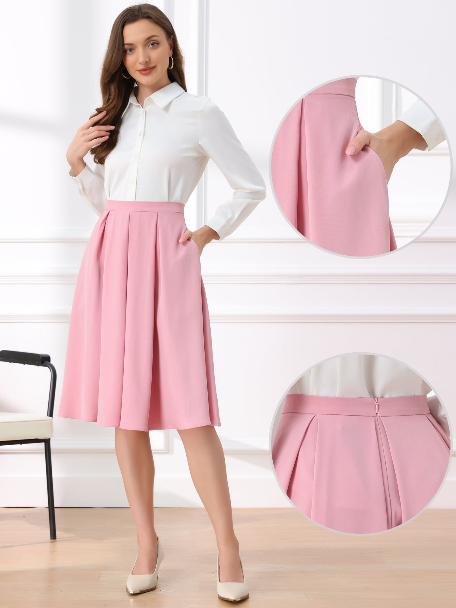 DARING DIVA Women's Flare Pleated Knee Length A-Line Skirt with Pocket XS Pink