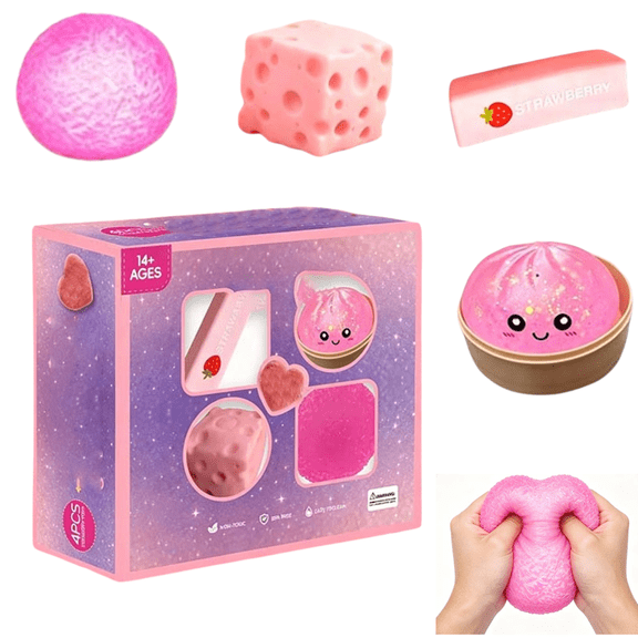 Simulated Food Squishy 4‑Piece Squeeze Toy Kit, Strawberry Pink Novelty Fidget Stress Ball Set, Boxed Sensory Decompression Toy, Cute Desktop Ornament for Holiday Gift & Party Favors