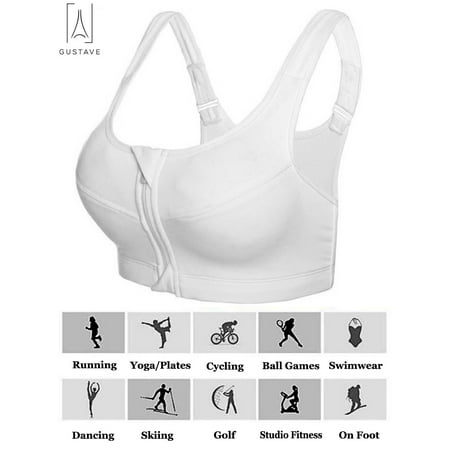 GustaveDesign Women Sport bra Zipper Push Up Padded Yoga Gym Fitness Athletic Running Wirefree Shockproof Vest Sports Tops "White,XL"