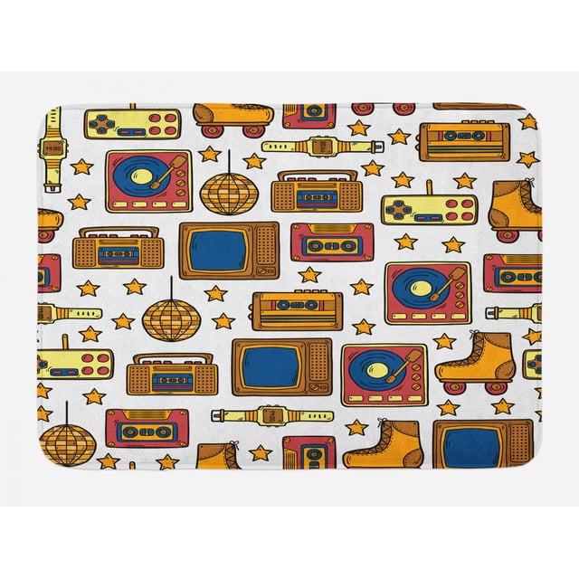 90s Bath Mat, 90s Theme with Old Style Recorder Stereo Television ...