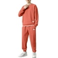 thumbnail image 3 of AWARDER Men's Spring Fall 2-Piece Set, Solid Color Waffle Knit Long Sleeve Round Neck Top and Sweatpants, Comfortable Casual Outfit For Lounge and Home,Orange,3XL, 3 of 5