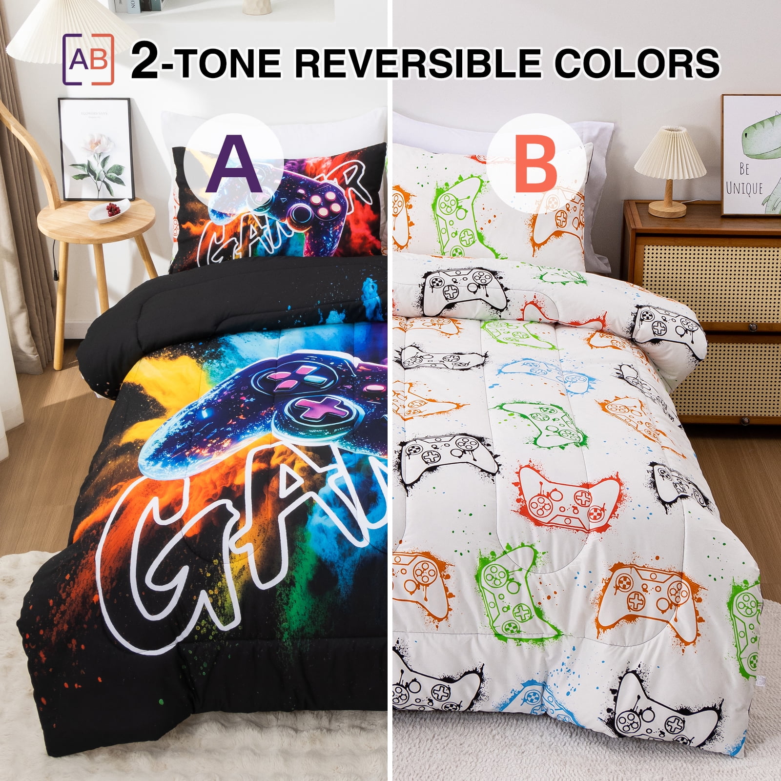 Btargot 3-piece Gamer Gaming Twin Comforter Set for Boys Colorful Gamepad Soft Bedding Set