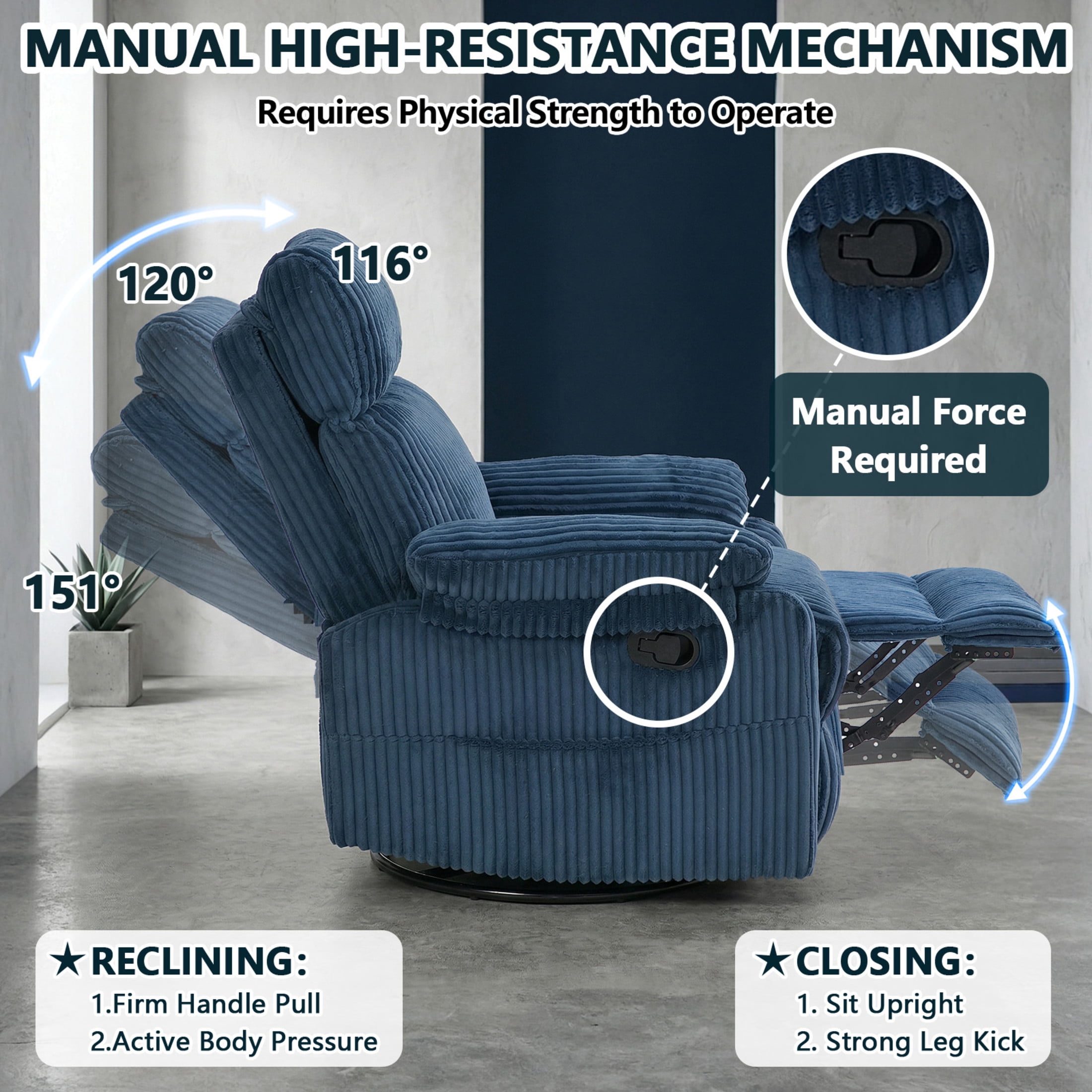 GDF Studio Louisa Compact Rocking Recliner for Nursery & Small Spaces, Modern Corduroy 360° Swivel Chair, Blue