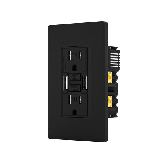 15 Amp GFCI Outlet with Dual USB-A Ports, Self-Test GFCI Electrical Outlet, Tamper-Resistant GFCI Outlet, Screwless Wall Plate Included, ETL Listed, Black,1-Pack