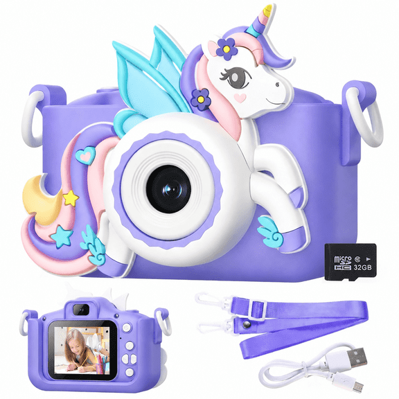BOGYKIK Kids Camera for Girls 1080P, Purple Toddler Video Camera with 32GB SD Card, Christmas Birthday Gifts for Ages 3-12