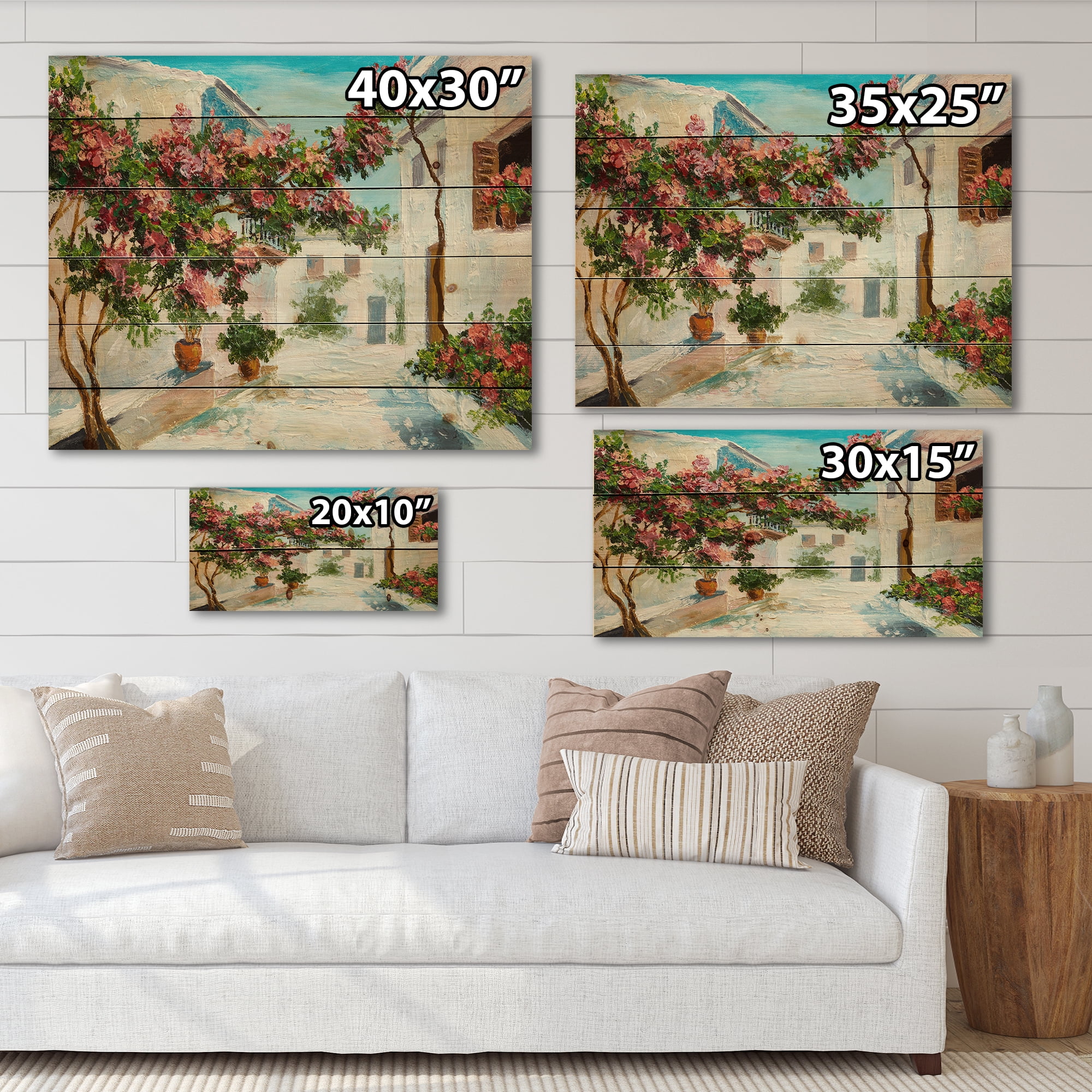Designart 'Blossoming Flowers With White House Near The Sea' Nautical & Coastal Print on Natural Pine Wood