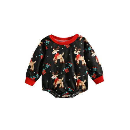

AMILIEe Baby Girls Boys Christmas Romper Elk Snowman Santa Print Round Neck Long Sleeve Jumpsuits
