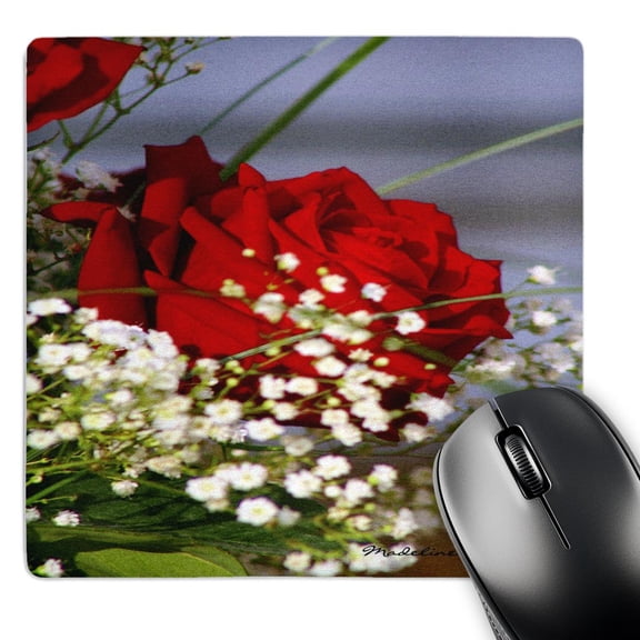 3dRose, Red Rose With Babys Breath - Photography Flowers, MousePad