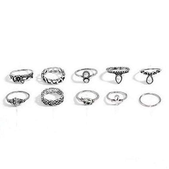 AYYUFE 10Pcs Women's Punk Vintage Hollow Flower Jewelry Midi Knuckle Rings Set Alloy, Rhinestone Silver
