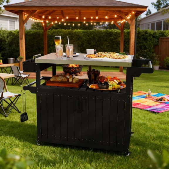 Outdoor Storage Box, Outdoor Bar Table Top,Outdoor Bar Cart with Storage,Wheeled Kitchen Island for Food Prep, Black And Silver Deck Box,Hdpe,Stainless Steel Deck Box Outdoor