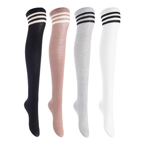 Lian LifeStyle Women's 4 Pairs Adorable Comfortable Soft Thigh High Over Knee High Cotton Socks, Size 6-9, JMYP1022 Black, Khaki, LightGrey, White