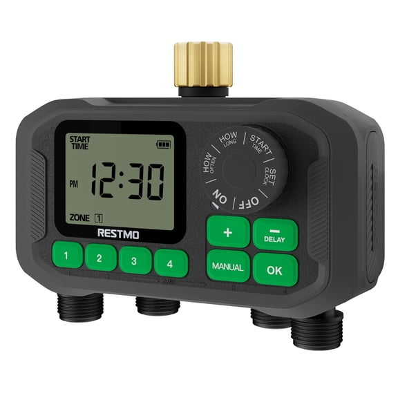 Restmo 4 Zone Sprinkler Timer, Programmable Garden Hose Water Timer with Brass Inlet | Automatic Control & Manual ON/Off | Rain Delay for Outdoor Faucet, Drip Irrigation, Lawn Watering System