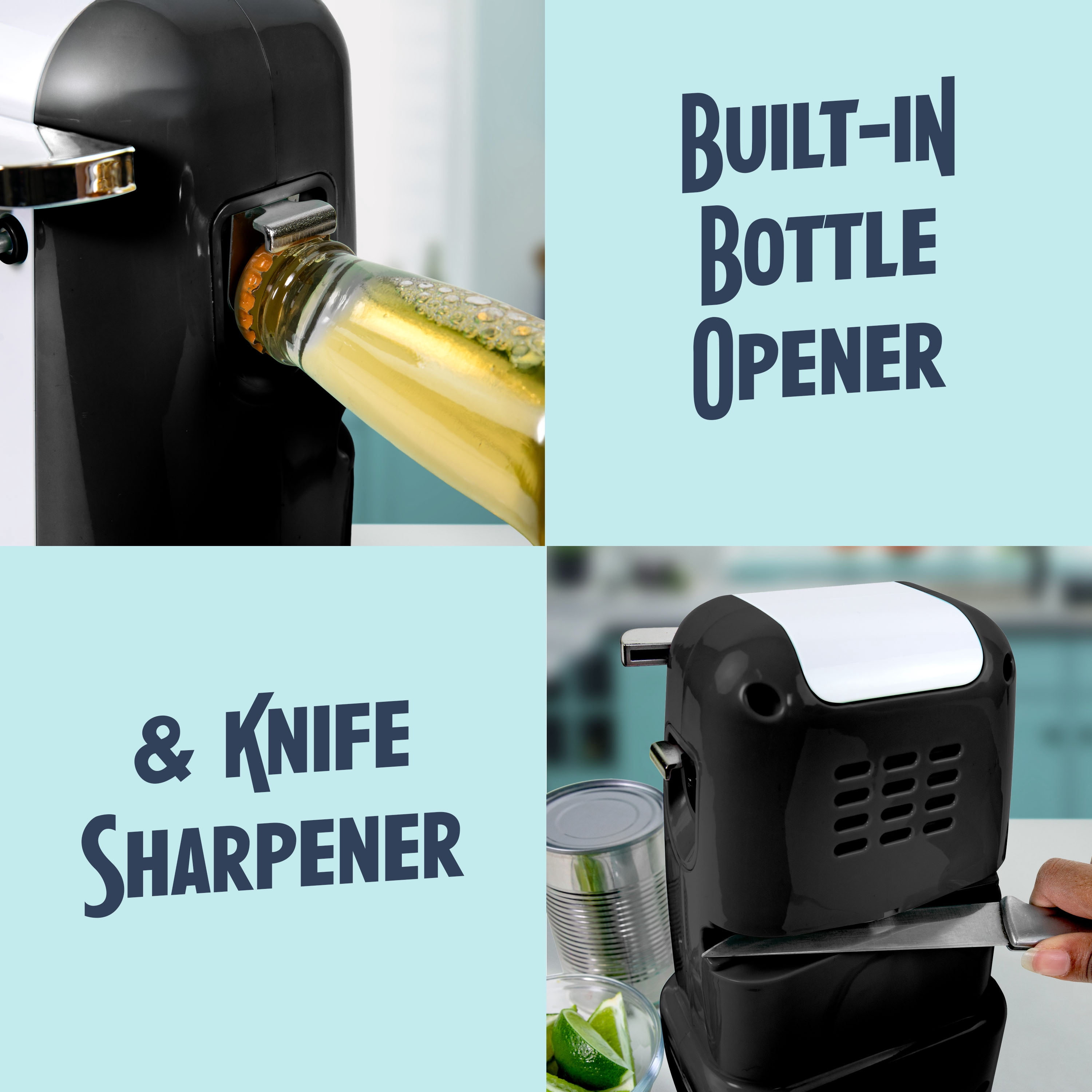 Nostalgia Retro Can Opener, Electric Can Opener with Built-in Knife Sharpener and Bottle Opener, Black