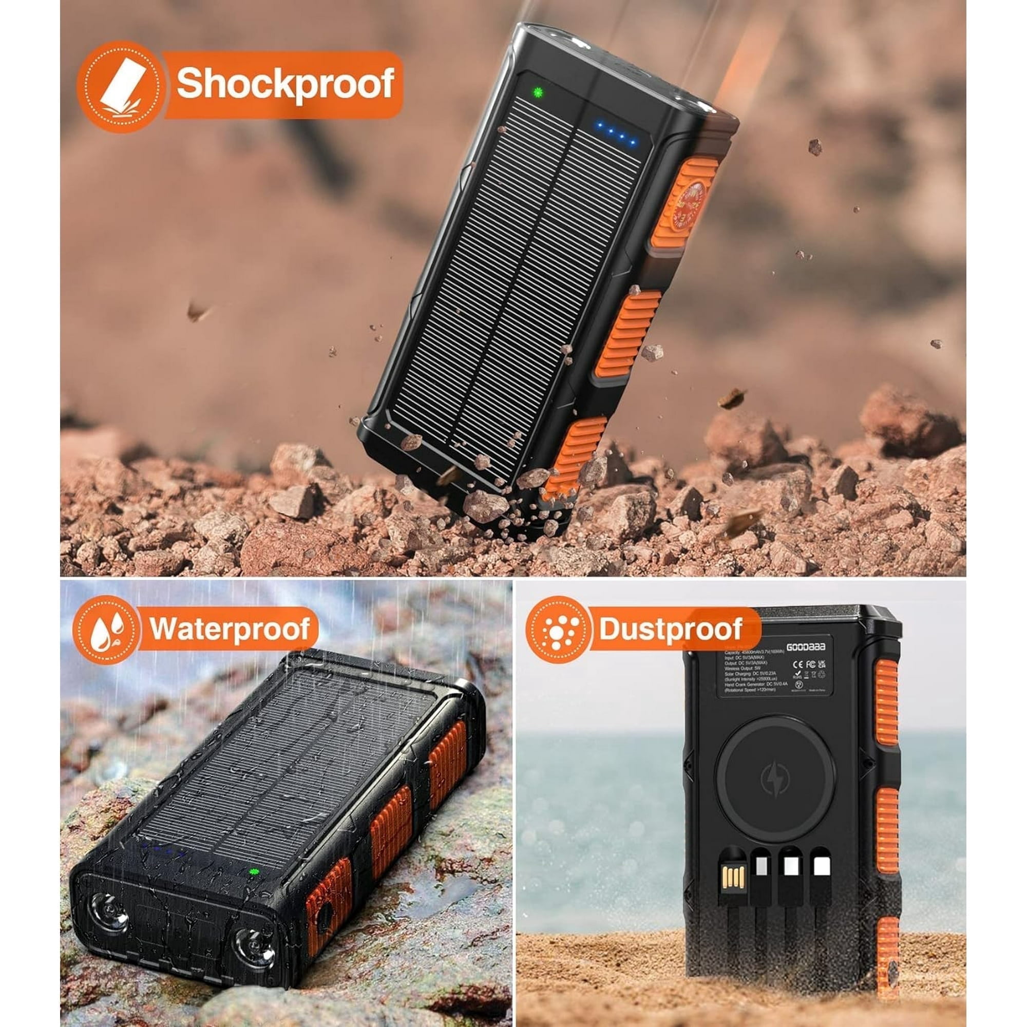 45800mAh Solar Power Bank 15W with Hand Crank & Cables & Wireless Charger, Solar Charger Compatible for iPhone & Android Phone