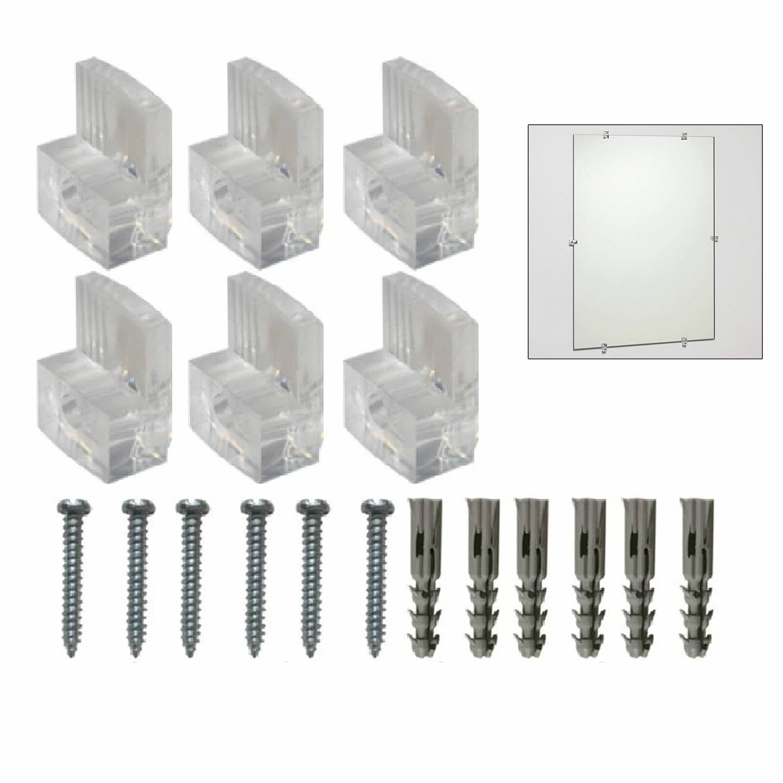 6 Transparent Mirror Wall Mounting Kit Set Clear Clips Brackets Screws