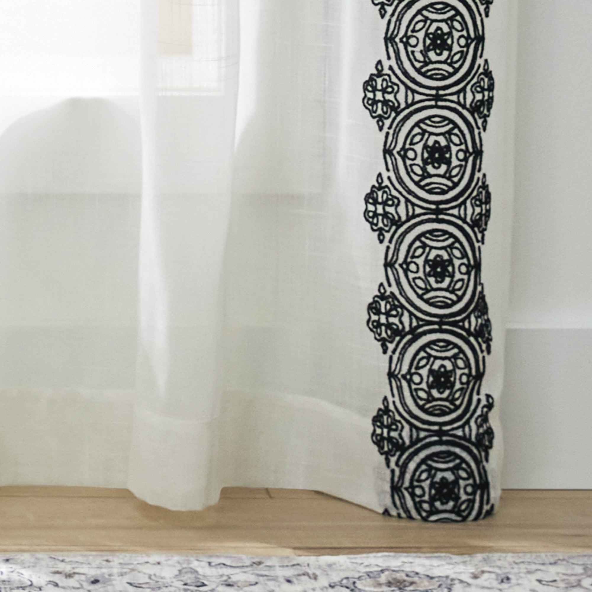 Better Homes & Gardens Embroidered Border Light Filtering Indoor Curtain Single Panel, Pole Top, Back Tab, Vanilla Dream, Rich Black, Polyester, Recycled Poly, 50"W x 84"L, Adult