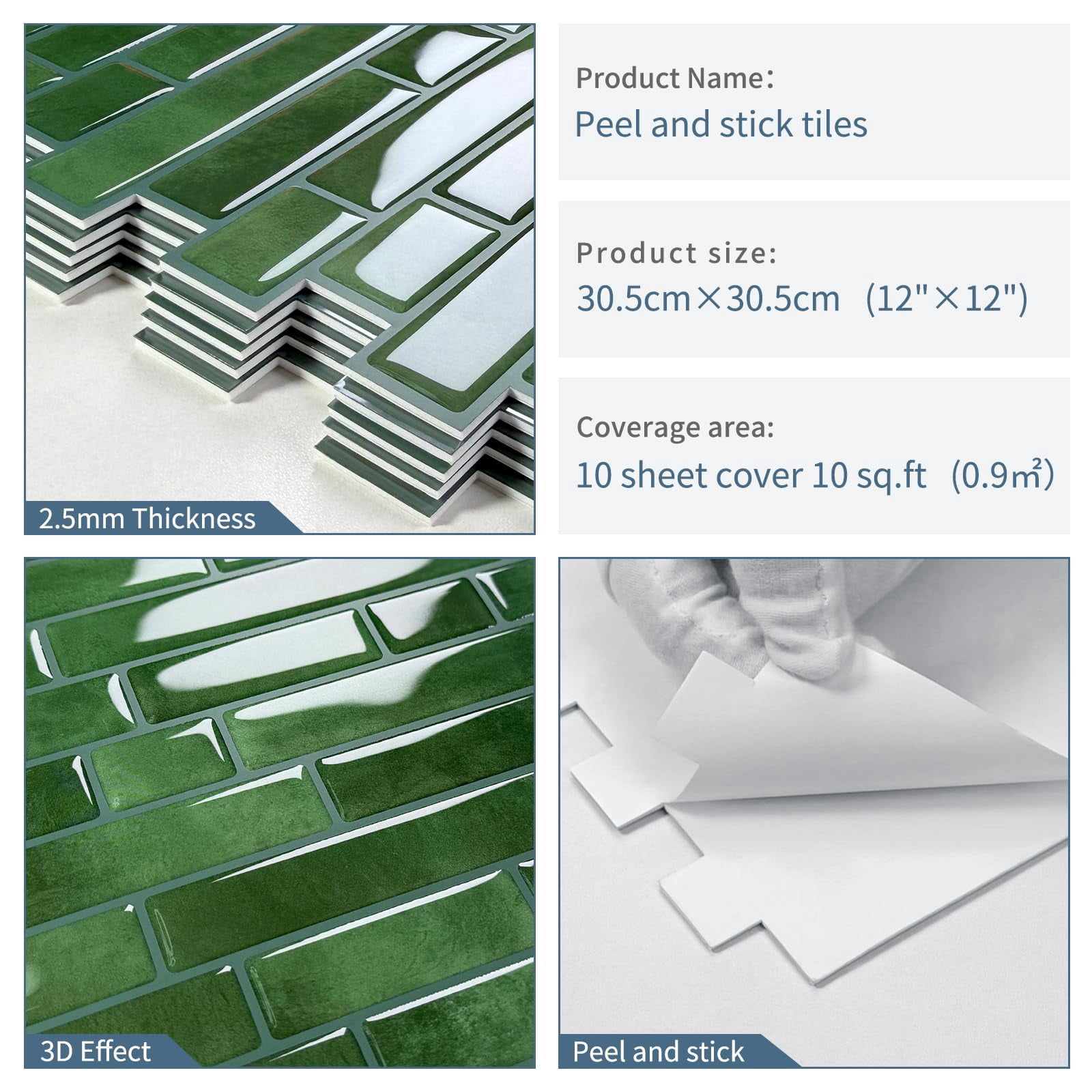 Green Peel And Stick Tile Backsplash 12"x12" Self Adhesive Wall Tiles 3d Marble For Kitchen  (10-sheet)