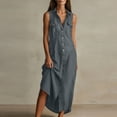 thumbnail image 3 of Wovilon Women's Sleeveless Collared Button-Down Maxi Shirt Dress with Chest Pockets and Side Slits, Relaxed Fit Cotton Linen Blend Summer Vacation Casual Wear, 3 of 4