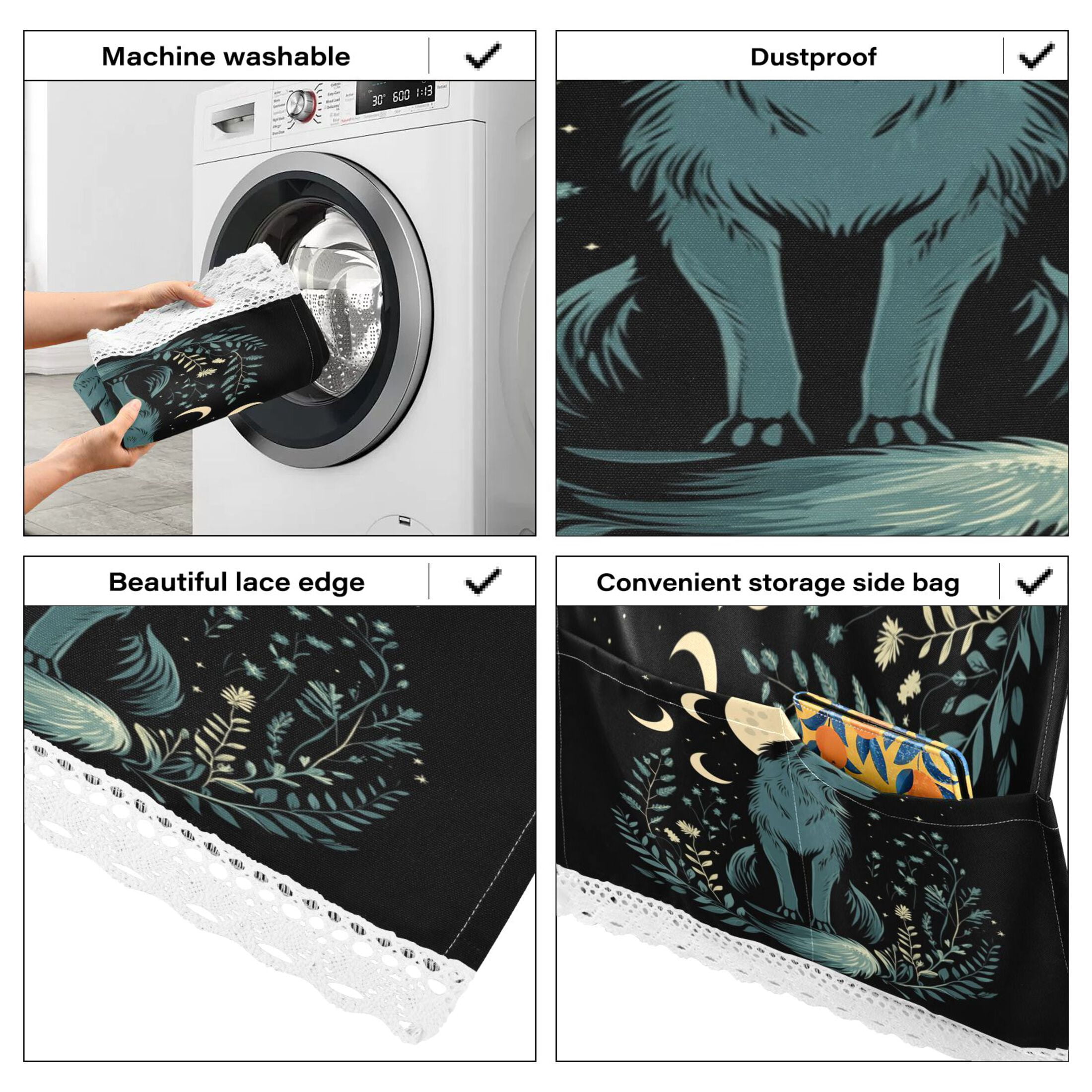 Washing Machine Cover 51.2x22in, Durable Polyester Dust Cover with Lace Trim and Side Pocket for Appliances The Moon Fox