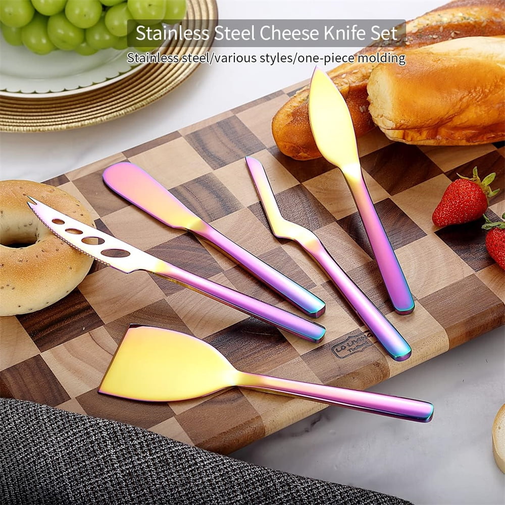 Rainbow Cheese Knife Set of 3, NOGIS Ergonomic Design Titanium Golden Plated Cheese Slicer, Butter Knife Spreader, Cheese Cutter, Cheese Knives for All Type of Cheese