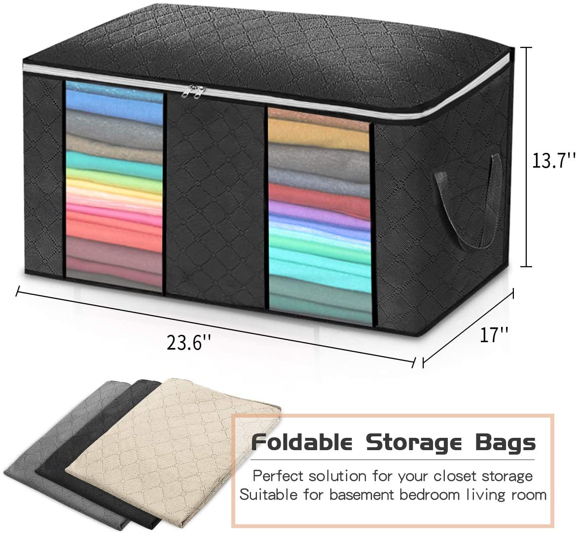 Closet Storage Bags Organizers, Large Clothing Storage Bags with Reinforced Handle, Foldable Clothes Storage Bags Closet Organizers, Blanket Storage Bags for Bedding, Clothes - 4 Pack - image 2 of 8