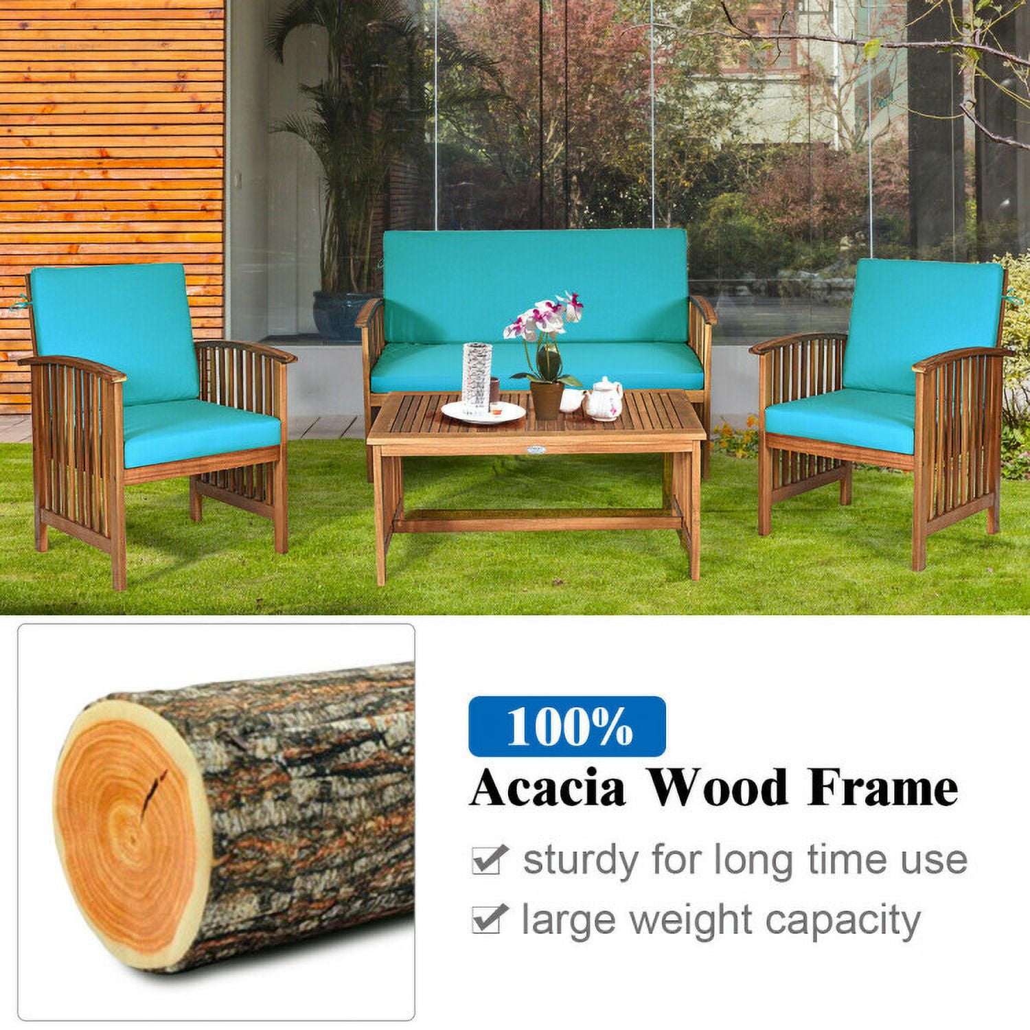Aimee Lii 4 Pieces Patio Solid Wood Furniture Set, Outdoor Patio Furniture, Blue Aimee Lii 4 Pieces Patio Solid Wood Furniture Set, Outdoor Patio Furniture, Blue