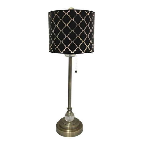 Royal Designs 28" Crystal and Antique Brass Buffet Lamp with Black Moroccan Tile Design Hardback Lamp Shade
