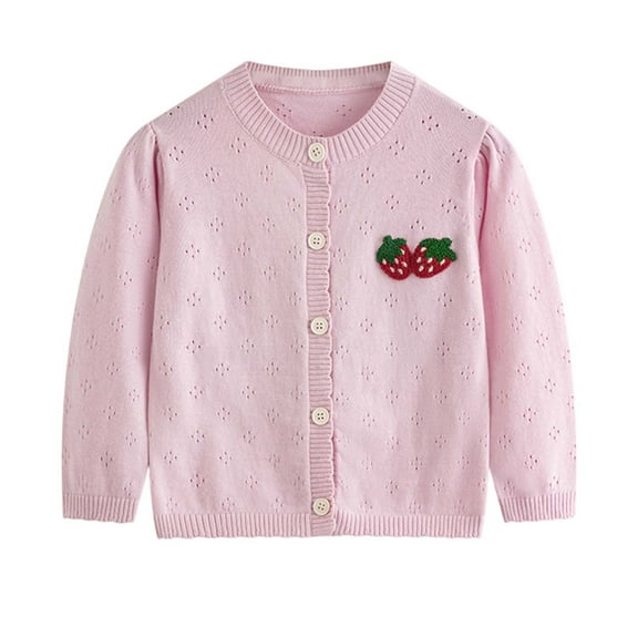Strawberry Sweater Girls Toddler 4t Long Sleeve Button up Cardigan Hollow Crochet Knitwear Cotton Preppy Kids Clothes Pink 5 Years