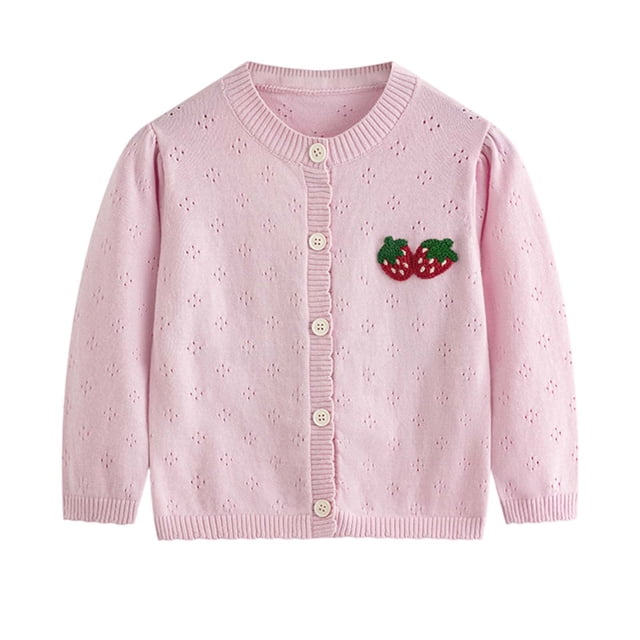 Cardigan Boutonné pour Petite Fille, Chandail en Tricot de Coton, Fraise, Doux, Col Ras du Cou, Mode, Décontracté, Adorable, Vêtement d'Extérieur (7-8T, Rose)