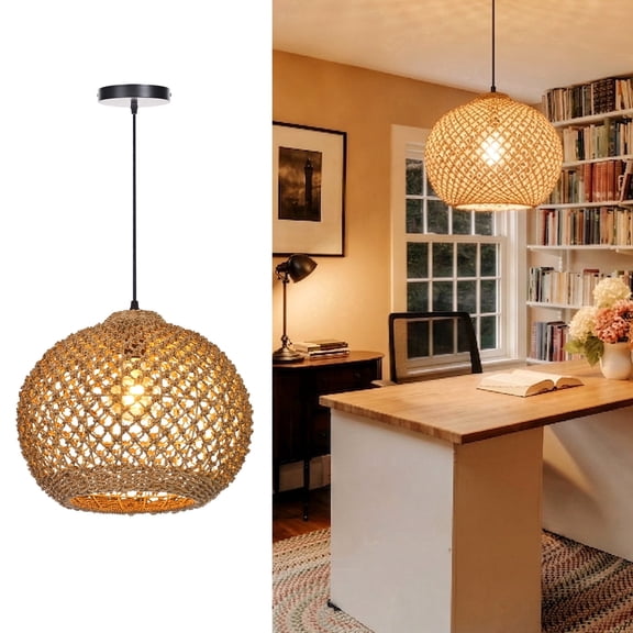 Hollymoon 1 Light Natural Rattan Pendant Light, Woven Chandelier Pendant Lamp Shade, Hanging Ceiling Light, Handmade Lampshade for Bar Hallway
